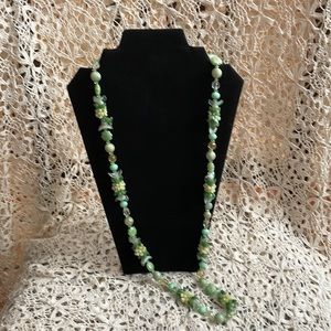 Vintage long yellow and green flower beaded necklace